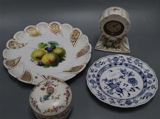 A Meissen Marcolini box and cover, a Meissen dish, plate and a Continental timepiece